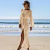 Beach Smock Sexy Plaid Hollow Knitted Dress Long Sleeve Split Holiday Drawstring Swimsuit Outer Blouse Sunscreen 2021 Women's Swimwear