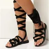 Sandaler Kvinnor Gladiator Knä Hög Öppna Toe Lace Up Cross Strappy Heels Fashion Sexy Skor Damer