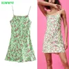 Dresses for Women Light Green Floral Print Backless Woman Summer Sexy Thin Strappy Party Mini Back Buttons 210430