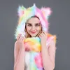 U2jf 3 in 1 Women Men Rainbow Gradient Fluffy Plush Wolf Hat Hoodie Animal Ears Paws Scarf Gloves Halloween Rave Costume