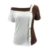 T-shirt estive da donna sexy Casual abbinamenti di colore monopetto Decor colletto irregolare manica corta slim pullover top donna 210526