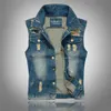 Denim colete homens punk rock fazer buracos antigos cowboy preto jeans waistcoat moda estilo moto sem mangas 210923