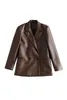 Nothced Collar Full Sleeves Dark Brown Colar Double Breasted PU Leather Fashion Quality Blazer Female Top WN 210421