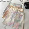 Kimutomo Elegant Girls Tie Dye Mini Skirt Spring Summer Women High Waist Korean Style Pocket Button A-line Skirt Casual 210521