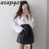 Office Lady Casual Chic White Turn Down Collar Blouse Long Sleeve Shirts Slim High Waist Big Pockets PU Leather Skirt Mini 210429