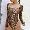 Sexy leopardo marrone Body Donna Bodycon Body Top manica lunga Tute corte Pagliaccetto Femme Beach Style Playsuit 210520