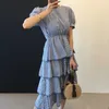 Korjpaa Kvinnor Klänning Sommar Koreanska Chic Girls Sweet Western-Style Plaid Round Neck High-Waist Layered Ruffled Cake Vestidos 210526