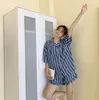 Décontracté coréen été rayé Chic Vintage tout match vêtements de nuit lâche rétro manches courtes Homewear pyjamas ensembles 210525