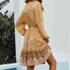 Women Ruffle Bow Tie Mini Floral Print Dress Vintage Long Sleeve Casual Loose Pleated Dress Ruffles Dress Vestidos 210521