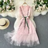 DEAT summer Arrivals Solid Color Mesh Flare Sleeve Square Collar High Waist Embroidery Long A-line Velvet Dress MZ734 210709