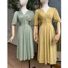 Talvez u verde amarelo lurex v pescoço bling vintage vestido encaixe e flare midi manga curta sólida D1154 210529