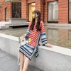 [EWQ] Spring Women Casual Round Neck Loose Soft Panelled Striped Over Knee Long Sleeve Pullover Knitting Sweater 8Y215 210423