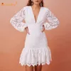 Autumn Sexy V-neck Lantern Long Sleeve Solid Color Hook Flower Hollow Dress Celebrity Club Party A-line Vestidos 210527