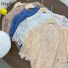 Neploe Elegant Lace Hollow Out Werk Stijl Ol Blouse Vrouwen O Hals Korte Mouw Trui Blusas Zomer Effen Shirt Femme 210510