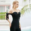 Sexy Off Shoulder Bow Women Bodycon Bandage Jumpsuit Elegant Black Solid Short Sleeve Casual Bodysuit Lady Long 210423
