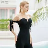 Sexig av axelbåge Kvinnor Bodycon Bandage Jumpsuit Elegant Svart Solid Kortärmad Casual Bodysuit Lady Long 210423