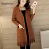 Camisolas femininas 2021 Mulheres suéter elegante Longo tricô cardigan jumper fêmea tagarelinha malha bege