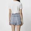 Women Tweed Plaid Culottes Skirt Short Double Breasted High Waist Elegant Ladies Checked Blue Mini Pants 210521