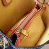 Blå denim hinkväska för kvinnor modedesigner axelpåsar läder sömmar cool shoppingväska ficka