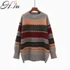 H.SA Winter Women Sweater Pullover Knit Jumpers Loose Striped Pull Jumpers Korean Style Knitwear Casual Top Argyle Sweater 211214
