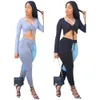 Sexy Cool Girl Trajes de 2 piezas para mujeres Conjuntos de ropa Deep V Neck Stacked Crop Top + Denim Patchwork Bodycon Pantalones de cintura alta 210525