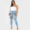High Waist Plus Size Jeans For Women Fashion Red Lips Printed Ripped Denim Pencil Pant Elastic Casual Jeans L-5XL
