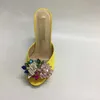 2021 Femmes Véritable cuir véritable strass talons hauts sandales d'été tongs pantoufle robe de mariée chaussures de gladiateur diamant coloré bulletins de vote 3D jaune