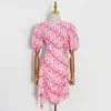 Hit Color Mini Dress for Women O Neck Puff Sleeve Hög midja Ruched Slim Print Blomklänningar Kvinnlig mode kläder 210531