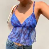 Paisley Wave Drukowane Y2K Mesh Bandaż Camis Crop Topy Dla Dziewczyn z cienkim paskiem Sexy Kobiety Summer Backless V Neck Shirt Tee 210510