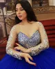 Kraliyet Mavi Quinceanera Elbiseler Uzun Kollu Balo Sheer Boncuklu Boyun Çizgisi Korse Tatlı 16 Doğum Günü Partisi Kıyafet Balo Abiye Tül