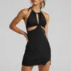 Halter backless bodycon klänning kvinnor sexig sommarklänning elegant klippa ut fest mini klänning rosa blå svart 210630