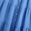 Katı Mavi Draped Nazik Kadın Elbise Yaz Düğmeler Patchwork Kısa Kollu Lady Vintage Chic Moda Kadın 210430