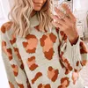 Vintage Leopard Print Stickade Pullovers Kvinna Höst Vinter Lång Sleev Oversized Casual Loose Sweater Jumper 210427