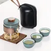 Svart Pottery One Pot 3 Cups Set Portable Travel Home Office Cup Keramisk Tea Kaffe Container med Väska