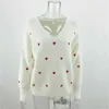 Heart Print V Hals Stickad Oversierad Casual Sweater Pullovers Kvinnor Vit Vinter Varm Vintage Jumper 210427