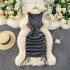 Foamlina casual zomer vrouwen jurk effen O-hals mouwloze trekkoord ruches mini bodycon streetwear rib gebreide 210623