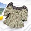 Summer Sweet Wild Floral Printed Fold Tie Bow Short Chiffon Shirt Women 210507