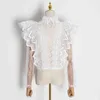 Patchwork Lace Elegant Shirt For Women Stand Collar Long Sleeve Casual White Blouse Female Fashion Clothing 210524