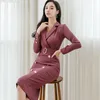 Zarif Ofis Giyim Kalem Elbise Kadınlar Sonbahar Çift Kelime Kılıf Elbiseleri İş Bodycon Vestidos 2021 Günlük