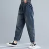 Vårhöstkonst Stil Kvinnor Elastisk Midja Lösa Blå Jeans Vintage Broderi Denim Harem Byxor Plus Storlek S68 210512
