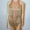 Степень износа блестящие золотые стразы кисточкой боди Женский певец DJ Sexy Hologrography leotard Jazz Beyonce Costume Crystal Outfit DL1012