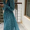 Blue Sexy Prom Casual V-Neck Printed Chiffon Florals Vestidos Sweet Femme Streetwear All Match Long Dresses 210525