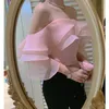 Roze elegante patchwork-ruche shirts voor vrouwen vierkante kraag mouwloze korte slanke blouses vrouwelijke zomer stijl 210524