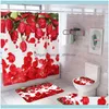 Aessories Home Garden4 Pcs Rouge Rose Motif Ensemble De Douche Tapis Antidérapant Siège De Toilette Er Fleur Tapis De Bain Rideau Polyester Salle De Bains Tapis Set1 Dr