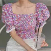 T-shirt Femmes Collier carré Floral Plissé Couture de la dentelle Trompette Sweet Girl Casual Vêtements Chemiser 16F106614 210510