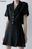 Koreański czarny garnitur 2 sztuka zestaw kobiet krótki rękaw płaszcz ROPS Slim mini spódnica femme Roupas Office Lady Dwa 210422