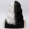 CRUELLA Deville De Vil Cosplay Wigs Curly Half White Black Heat Resistant Synthetic Hair + Cap Y0913