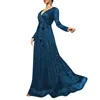 Casual Dresses Women V-neck Dress Polyester Sequins Surface Tie Up Waist Pleated Gown Long Sheer Sleeve Party