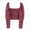 Flower Printingt Square Collar Women Slim Shirt Crop Tops Autumn Leisure Lady Puff Sleeve Blus S6569 210326