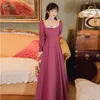 YOSIMI Women Dress Autumn Vintage Lyocell Long Sleeve Fit and Flare Polyester Square Collar Appliques Pink Midi 210604